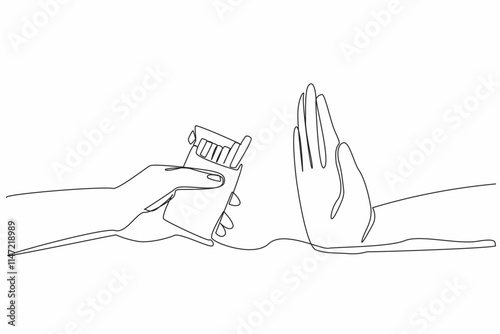 Single continuous line drawing one hand holds a cigarette pack and the other hand is raised as if in a stop gesture. Reject useless offers. Stop smoking. Quit. One line design vector illustration photo