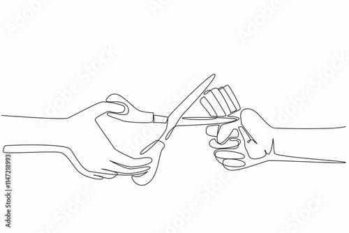 Continuous one line drawing one hand clenching the cigarettes while other hand ready to cut them. Ready to destroy harmful substances. Say no to smoking. Single line draw design vector illustration