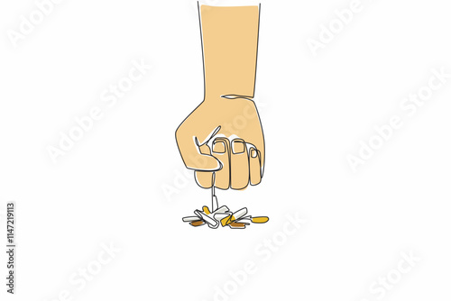 Continuous one line drawing clenched fist pointing down and wanting to hit the scattered cigarette fragments. Quit bad habits. Smoking is not good for body. Single line draw design vector illustration
