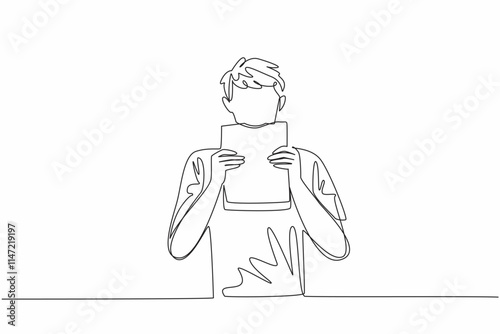 Single continuous line drawing man in casual clothes is biting a thick book. Enjoy the pleasure of books that offer a lot of knowledge. Education. Edible Book Day. One line design vector illustration