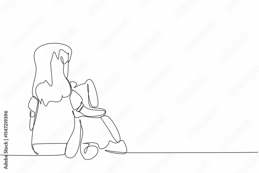 Single continuous line drawing woman sitting on floor next to her is a big doll. Playing with favorite dolls. Feeling like best friends. World Autism Awareness Day. One line design vector illustration