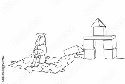 Continuous one line drawing girl sitting on a puzzle mat playing wooden blocks. Playing to kill time. Stay cheerful even alone. World Autism Awareness Day. Single line draw design vector illustration