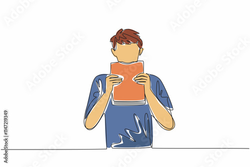 Single continuous line drawing man in casual clothes is biting a thick book. Enjoy the pleasure of books that offer a lot of knowledge. Education. Edible Book Day. One line design vector illustration