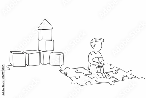 Single continuous line drawing a boy sitting on puzzle mat playing wooden block. Playing, imagining building a house. Keeping the dream. World Autism Awareness Day. One line design vector illustration