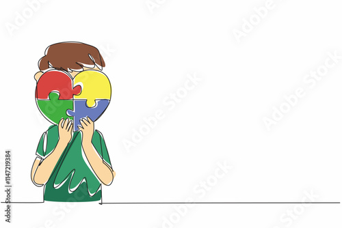 Single continuous line drawing boy holding a heart shaped 4 piece puzzle. Symbolic. Non verbal expression. Needs excessive affection. World Autism Awareness Day. One line design vector illustration
