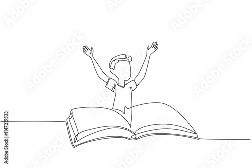 Single one line drawing a girl emerges from the middle of open thick book. A fun hobby of reading books. Fiction. Comic. International of Children Book Day. Continuous line design graphic illustration