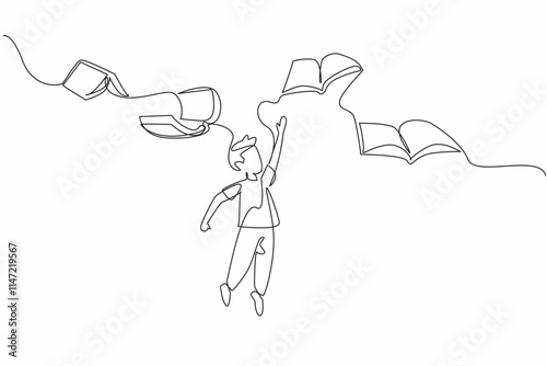 Continuous one line drawing the books flies and wants to be caught by the boy who is below it. High interest in reading. International of Children Book Day. Single line draw design vector illustration