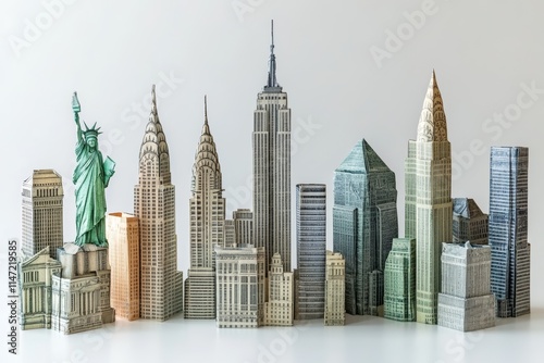 A paper model representation of famous New York City skyscrapers and landmarks.