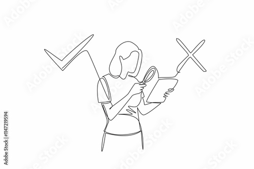Continuous one line drawing a woman points a magnifier at a held tab. Reading gossip. Search for the truth. Fact or fake. International Fact-Checking Day. Single line draw design vector illustration