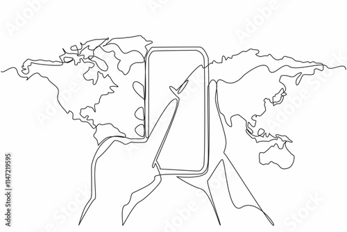 Single continuous line drawing hand holding a smartphone which has a checklist symbol on the screen. Seeking the truth of the news. International Fact-Checking Day. One line design vector illustration