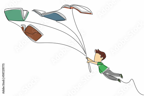 Single one line drawing a boy flies while holding a rope tied to 5 flying books. Flown by dreams. Interesting fiction. International of Children Book Day. Continuous line design graphic illustration