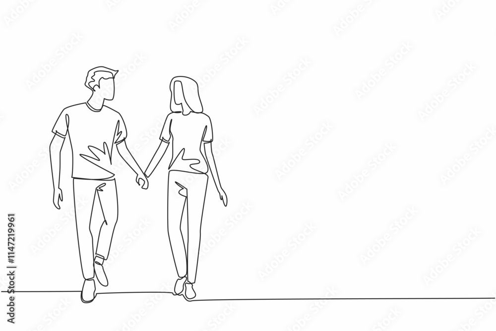 Continuous one line drawing young couple holding hands and walking together. Romance all the way. Healthy activities with loved ones. National Walking Day. Single line draw design vector illustration Continuous one line drawing young couple holding hands and walking together. Romance all the way. Healthy activities with loved ones. National Walking Day. Single line draw design vector illustration