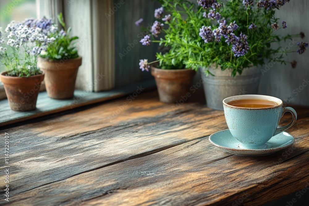 A serene coffee scene with a cup and blooming plants on a rustic wooden table. A serene coffee scene with a cup and blooming plants on a rustic wooden table.