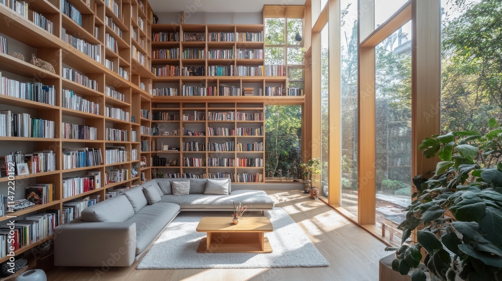 Sunlit library with floor-to-ceiling bookshelves, modern sectional sofa, and large windows overlooking a garden.