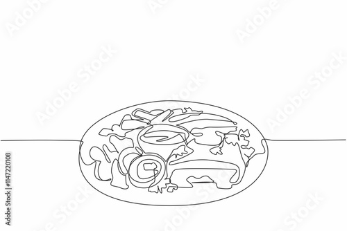 Single one line drawing chicken cordon bleu cut in half served on black round plate. French fries as carbohydrates. Tasty. National Chicken Cordon Bleu Day. Continuous line design graphic illustration