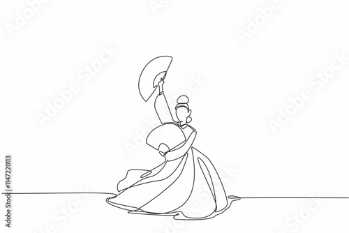 Single one line drawing woman wearing the hanbok dancing and holding a paper fan in both hands. The fluid movements display stunning action. Fan Dance Day. Continuous line design graphic illustration