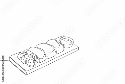 Single continuous line drawing chicken cordon bleu served on a chopping board. Plating that increases hunger. Enjoy every bite. National Chicken Cordon Bleu Day. One line design vector illustration