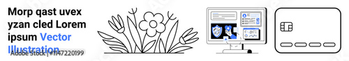 Flowers surrounded by leaves, a computer screen with security icons and graphs, and a simple UI wireframe. Ideal for cybersecurity, design, nature themes, technology concepts, user interface design