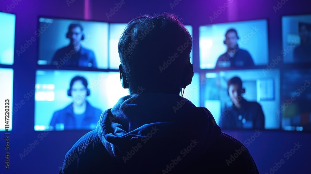 Naklejka premium Person viewing multiple video conference calls on large screens.