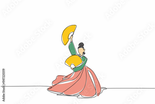 Single one line drawing woman wearing the hanbok dancing and holding a paper fan in both hands. The fluid movements display stunning action. Fan Dance Day. Continuous line design graphic illustration