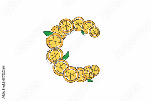 Single one line drawing orange fruit sliced ​​orange and orange leaves arranged in a C shape. 1000mg vitamin C. Daily needs. Zesty. National Vitamin C Day. Continuous line design graphic illustration