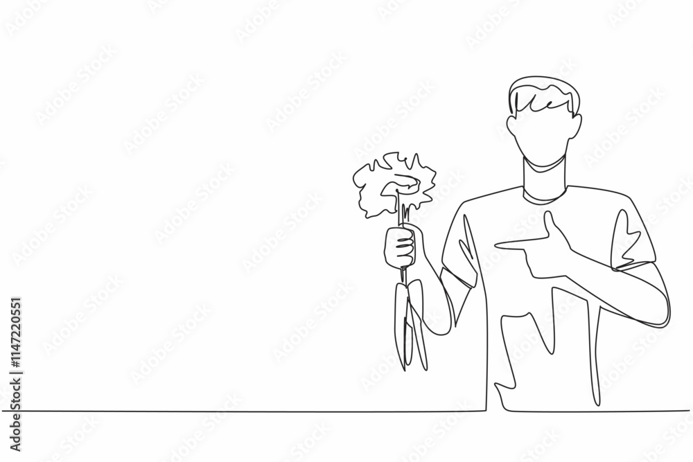 Single one line drawing man holding some carrots with the tips of the leaves still thick. Plays role in bone health. Carbohydrate. International Carrot Day. Continuous line design graphic illustration Single one line drawing man holding some carrots with the tips of the leaves still thick. Plays role in bone health. Carbohydrate. International Carrot Day. Continuous line design graphic illustration