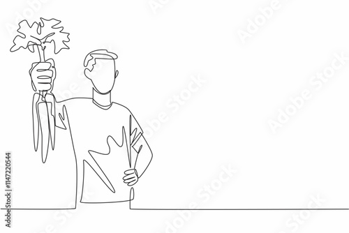 Single one line drawing man holding some carrots with the tips of the leaves still thick. Posing happily. A bountiful harvest. International Carrot Day. Continuous line design graphic illustration