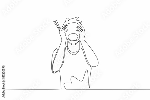 Single continuous line drawing people eat ramen until the faces covered by the bowl. Enjoy the meal to the last drop. The spicy ramen lover. National Ramen Day. One line design vector illustration