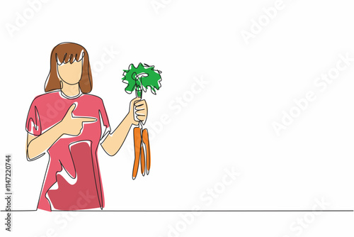 Continuous one line drawing woman holding some carrots with the tips of the leaves still thick. Source of vitamins and minerals. International Carrot Day. Single line draw design vector illustration