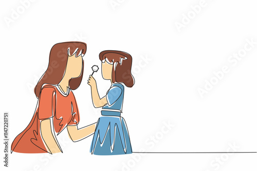 Single one line drawing mother and daughter blowing dandelion. Accompany playing in free time. Improves the immune system. Happy. National Dandelion Day. Continuous line design graphic illustration