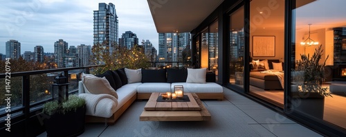 A large city view with a balcony overlooking the city