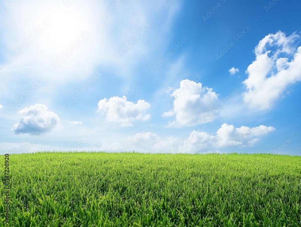 A serene landscape with green grass under a bright blue sky dotted with fluffy clouds. A serene landscape with green grass under a bright blue sky dotted with fluffy clouds.