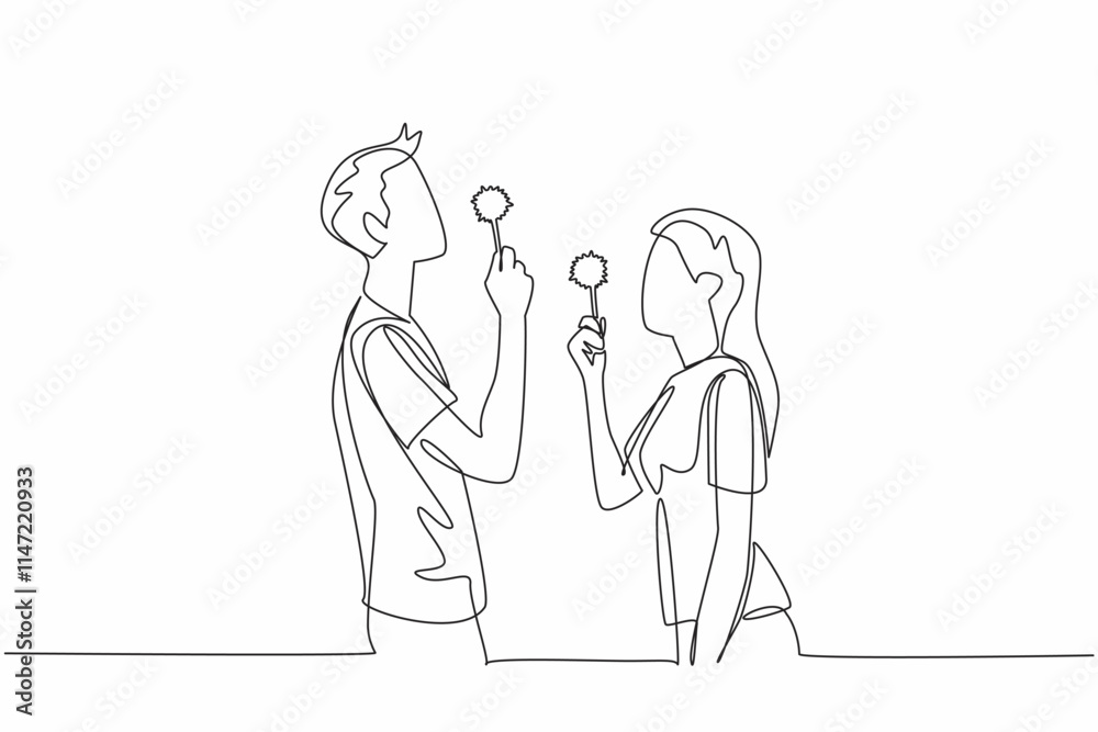 Single one line drawing young couple hold dandelions and blowing them. Joking around at dusk. Playing to pass the time on weekends. National Dandelion Day. Continuous line design graphic illustration Single one line drawing young couple hold dandelions and blowing them. Joking around at dusk. Playing to pass the time on weekends. National Dandelion Day. Continuous line design graphic illustration