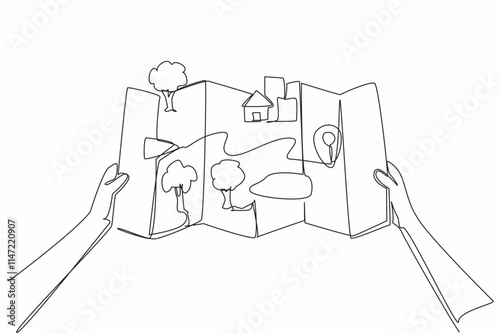 Single one line drawing two hands holding a map with pop-up images. See the route you will take. Channeling hobbies. Explore. National Read a Road Map Day. Continuous line design graphic illustration