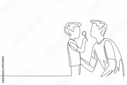 Single continuous line drawing father and son blowing dandelion. Outdoor activities together strengthen bonds. Get many benefits. Happiness. National Dandelion Day. One line design vector illustration