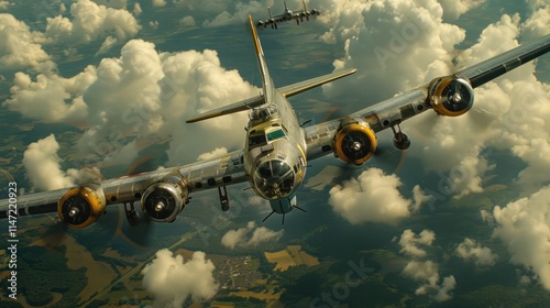 A B-17 Flying Fortress bomber plane in flight above a landscape of clouds and fields.