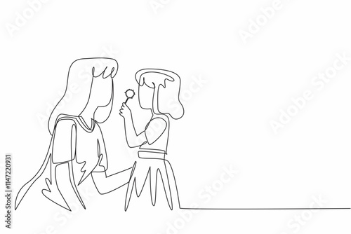 Single one line drawing mother and daughter blowing dandelion. Accompany playing in free time. Improves the immune system. Happy. National Dandelion Day. Continuous line design graphic illustration