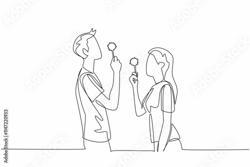 Single one line drawing young couple hold dandelions and blowing them. Joking around at dusk. Playing to pass the time on weekends. National Dandelion Day. Continuous line design graphic illustration