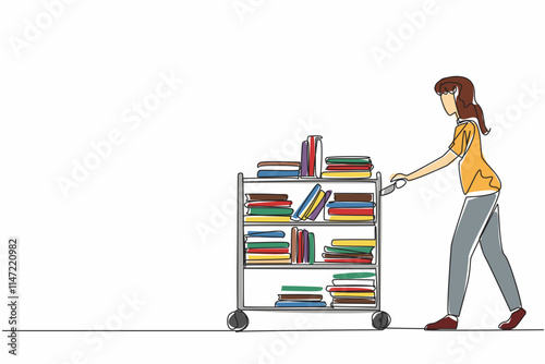 Single one line drawing female librarian pushing trolley full of books. Arranging books with the help of a trolley. Neatness. National School Librarian Day. Continuous line design graphic illustration