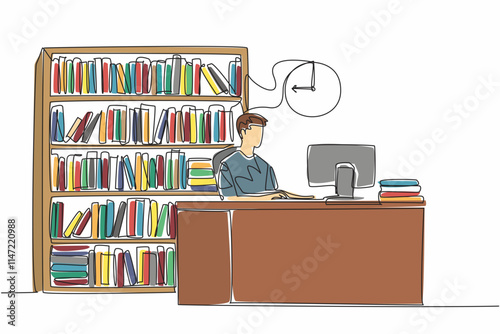 Continuous one line drawing male librarian sit in chair typing on keyboard. Create book number to facilitate data collection. National School Librarian Day. Single line draw design vector illustration