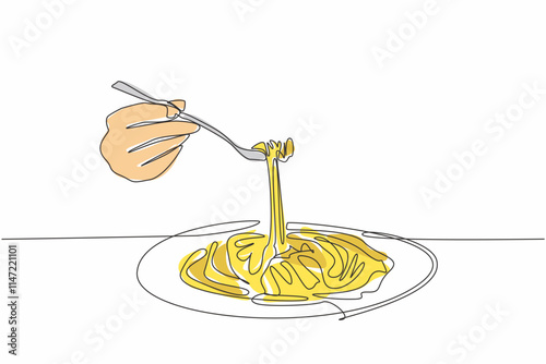 Single one line drawing hand forking spaghetti from a round plate. Taste the traditional food that has been served. Gourmet. Yummy. National Carbonara Day. Continuous line design graphic illustration