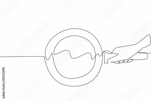 Single continuous line drawing hand holding a standing teflon pan. Amazingly clean. After use it does not leave any stains. Cooking ware. National Teflon Day. One line design vector illustration