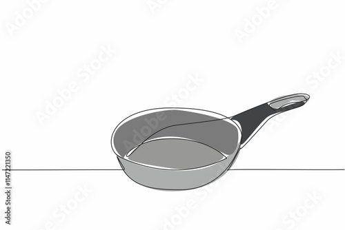 Continuous one line drawing teflon pan. Cooking utensils coated with non-stick technology. Evenly and perfectly cooked. Save fuel. National Teflon Day. Single line draw design vector illustration