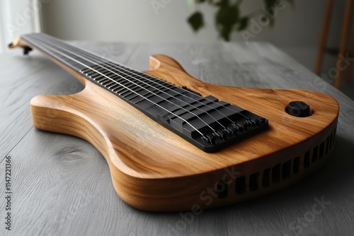 Minimalist eight string guitar design showcasing natural wood finish and sleek contours