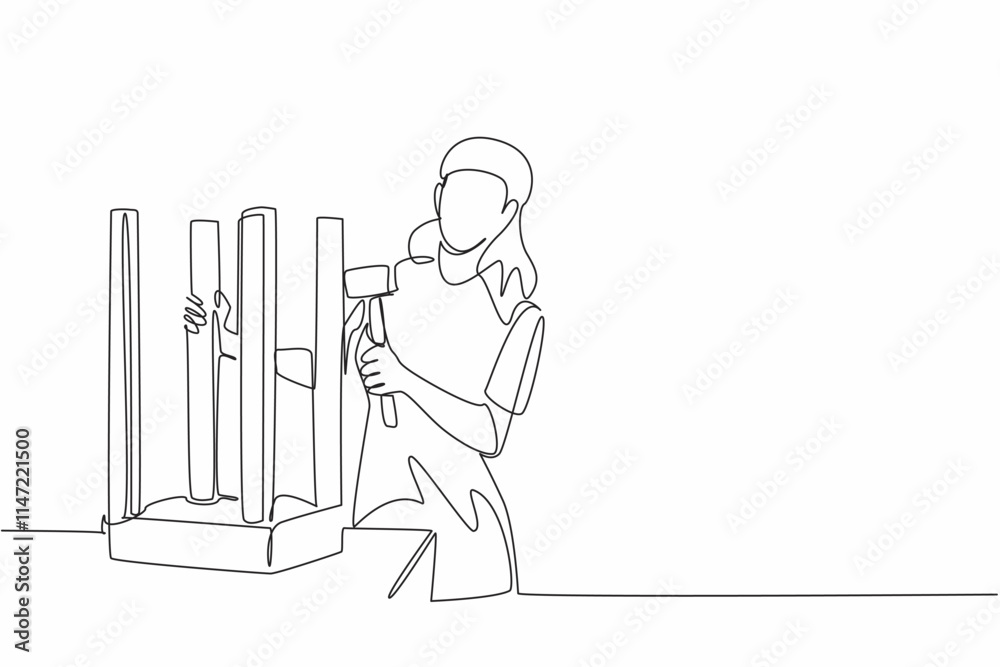 Single one line drawing a woman is fixing a chair in an inverted position with hammer. Skill and precision. Individual techniques. Repair. National DIY Day. Continuous line design graphic illustration Single one line drawing a woman is fixing a chair in an inverted position with hammer. Skill and precision. Individual techniques. Repair. National DIY Day. Continuous line design graphic illustration