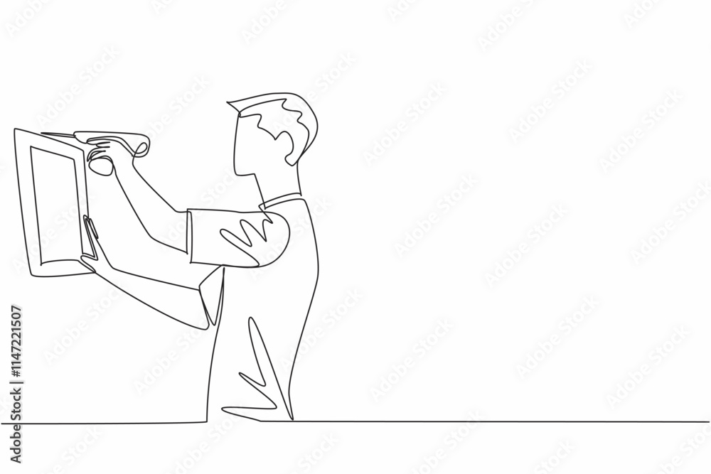 Continuous one line drawing a man drills wall with a drill and installs a wooden decorative frame. Do it yourself for inner satisfaction. National DIY Day. Single line draw design vector illustration Continuous one line drawing a man drills wall with a drill and installs a wooden decorative frame. Do it yourself for inner satisfaction. National DIY Day. Single line draw design vector illustration