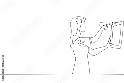 Single continuous line drawing a woman drills a wall with a drill and installs a wooden decorative frame. Decorating by yourself is a challenge. National DIY Day. One line design vector illustration