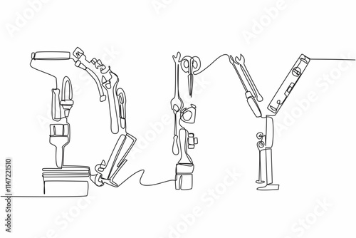 Single one line drawing various carpentry tools assembled to form DIY. An intention and skill. Repairing the damage in house. Building. National DIY Day. Continuous line design graphic illustration