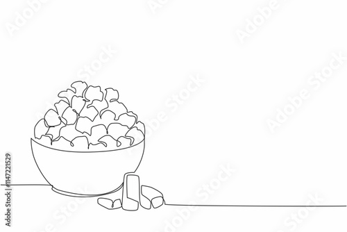 Single continuous line drawing caramel popcorn in white bowl with caramel pieces scattered around. Snacks eliminate hunger. Munchies. National Caramel Popcorn Day. One line design vector illustration