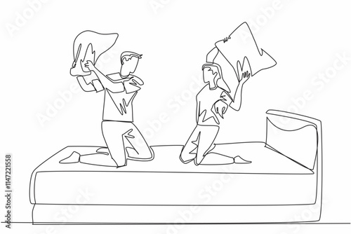 Single continuous line drawing young couple in pajamas sitting on bed holding pillow. A couple who likes to joke around. Bonding. International Pillow Fight Day. One line design vector illustration